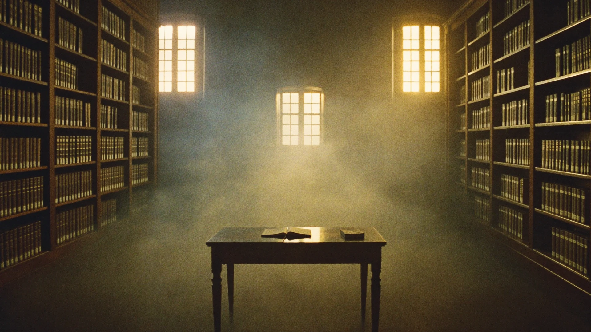 Biblioteca all'alba, nebbia e luce dorata tra gli scaffali